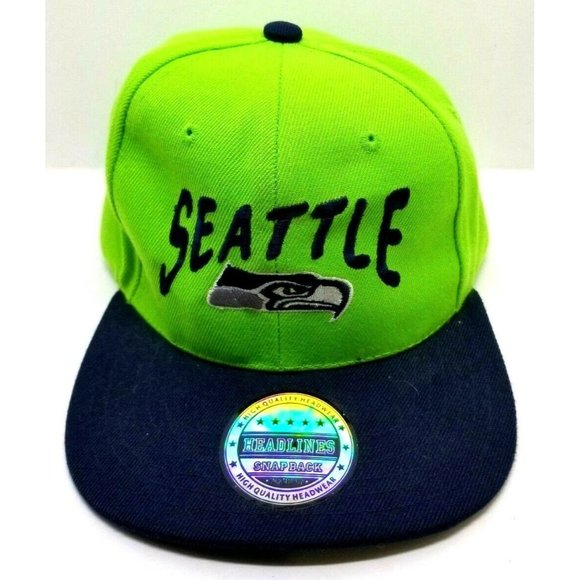 Seattle Seahawks Headlines Snapback Hat Cap Navy Blue & Neon Green  (T11) - Picture 1 of 4